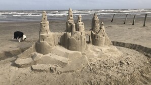 Um castelo de areia na praia, com ondas ao fundo.