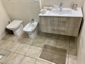 Dusche, Haartrockner, Bidet, Toilettenpapier