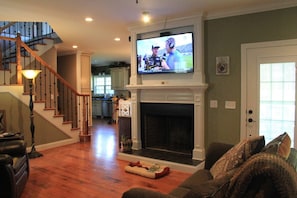 TV, fireplace, DVD player, books