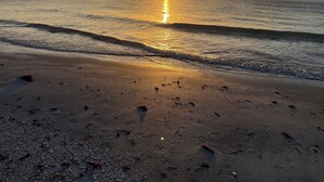 A beach with footprints in the sand and a sunset over the ocean. - Pelicans Pointe (Indian Shores)