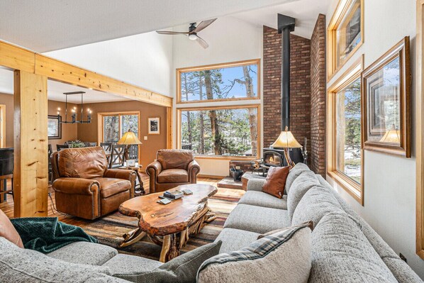 Smart TV, fireplace, table football, books