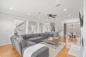 Télévision, cheminée, livres