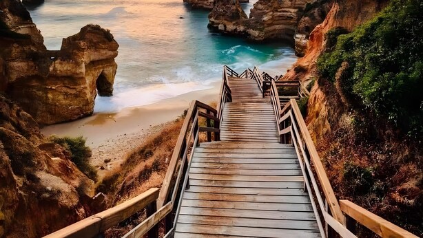 A wooden staircase leading to a beach with rocky formations and a sunset view. - Apartment 'A Casa E A Praia Da Ana' near the beach and historic center (Lagos)