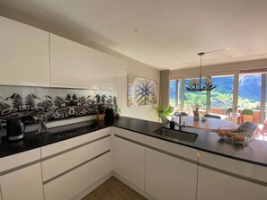 Fridge, dishwasher, cookware/dishes/utensils