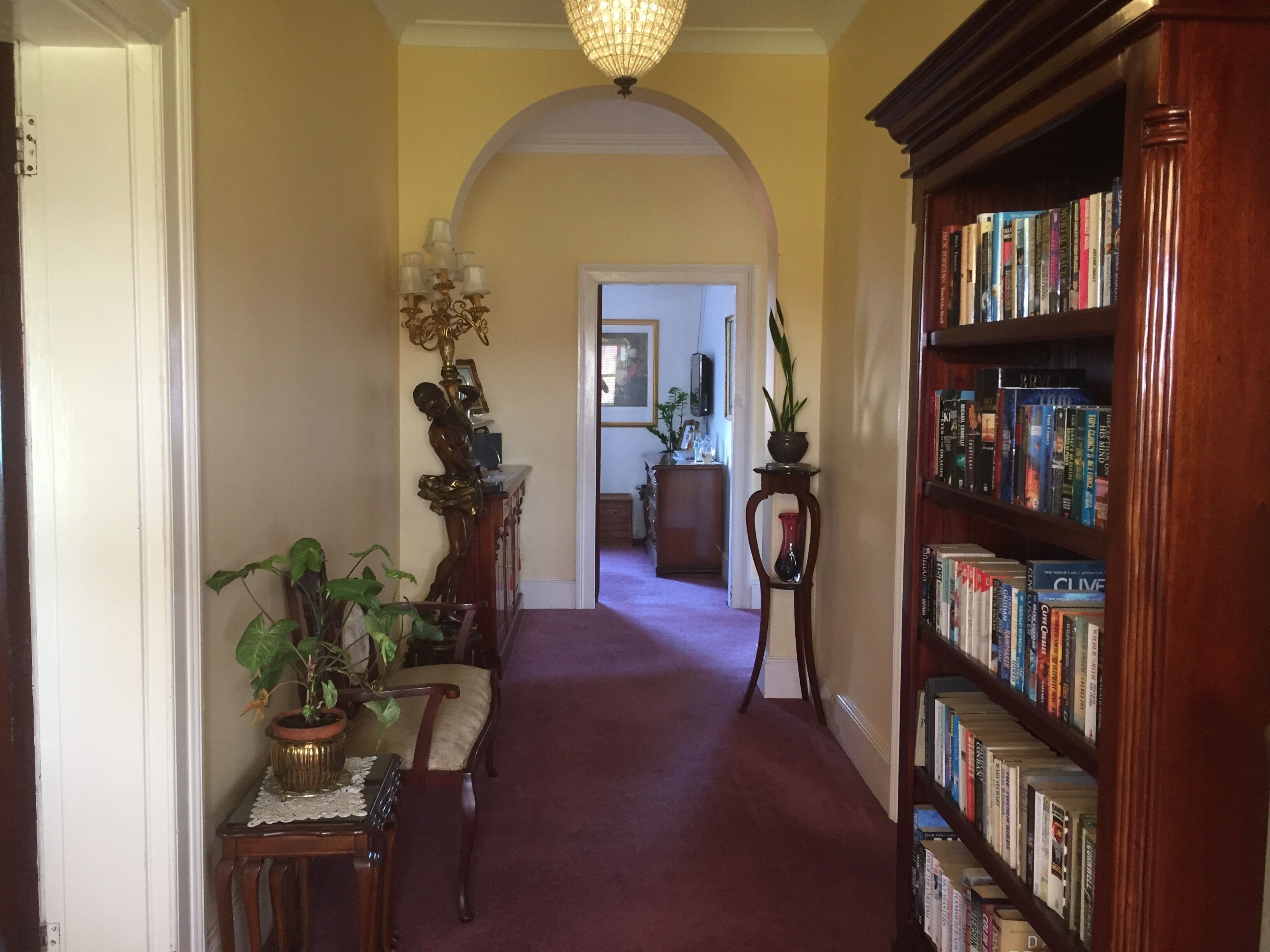 A hallway with a wooden bookshelf, a potted plant, and a chair.