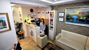 A compact living space with a kitchenette, a sofa, and a painting of a harbor scene. - Khalkedon Hotel Istanbul (Istanbul)