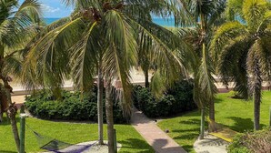 A pathway leading through a tropical garden with palm trees and a hammock. - Fabulous Location. Updated Beachfront Condo. Pool, Recreation Amenities, Comfortable! (Treasure Island)