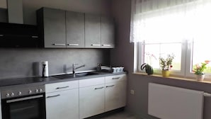 A modern kitchen with grey cabinets, a black countertop, and a window with plants. - Ferienwohnung Reulecke (Blankenburg (Harz))