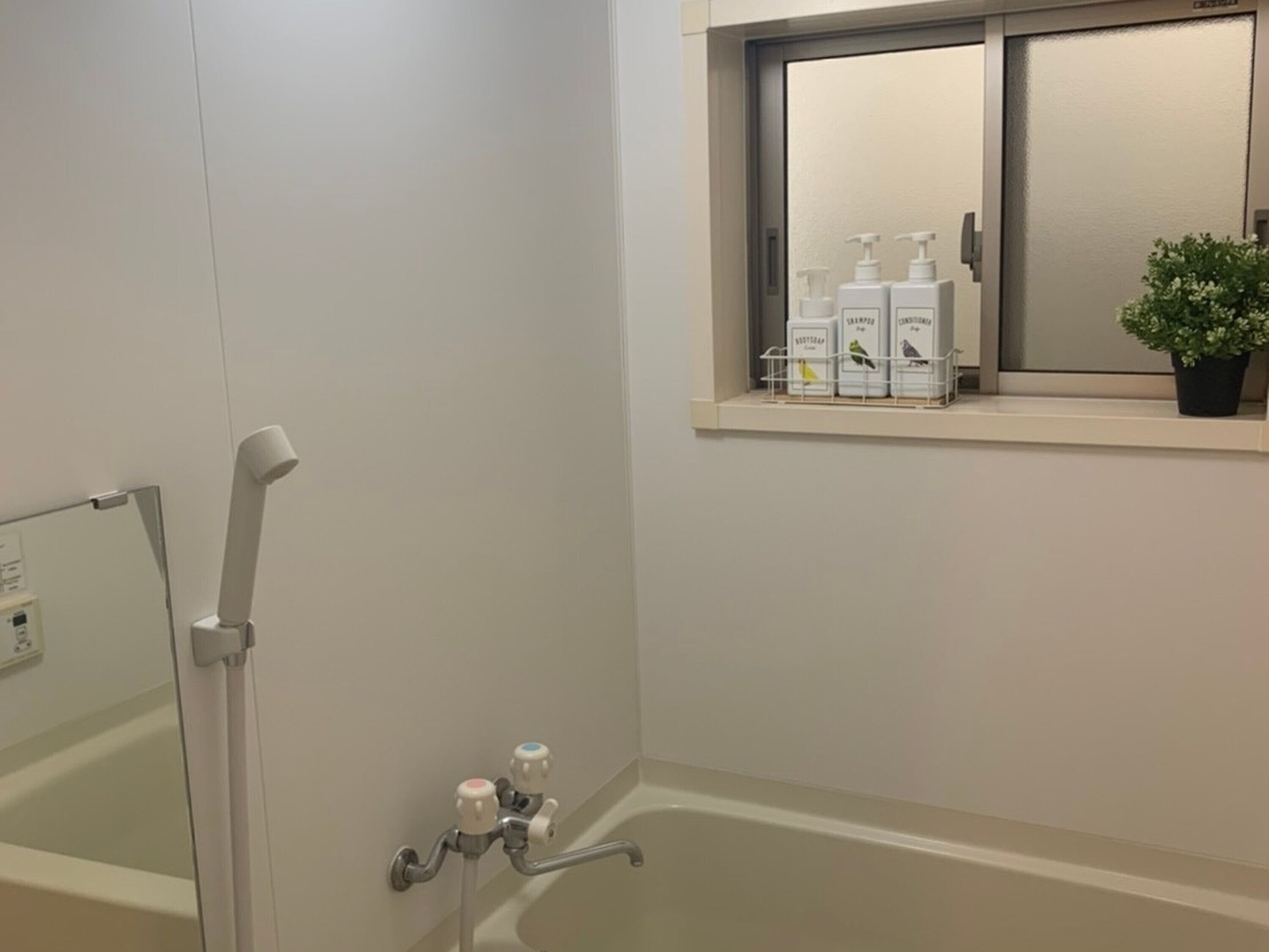 A bathroom with a glass shower enclosure, a bathtub, and a window sill with toiletries.