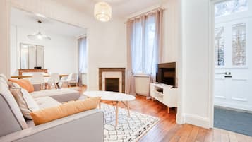 Télévision, cheminée, livres