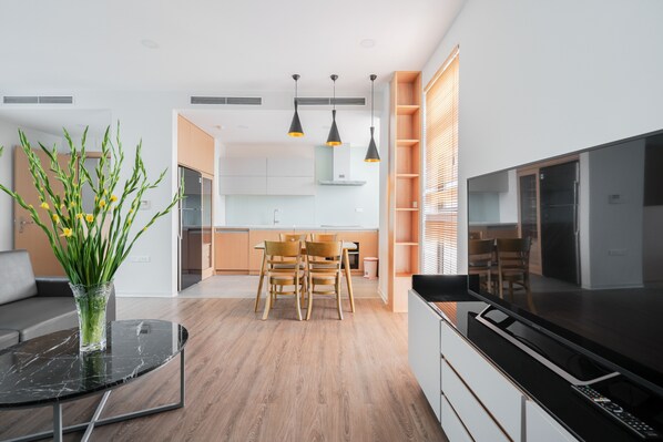 City Apartment, 2 Bedrooms | Living area | 40-inch Smart TV with cable channels, TV - Apartment Tay Ho (Hanoi)