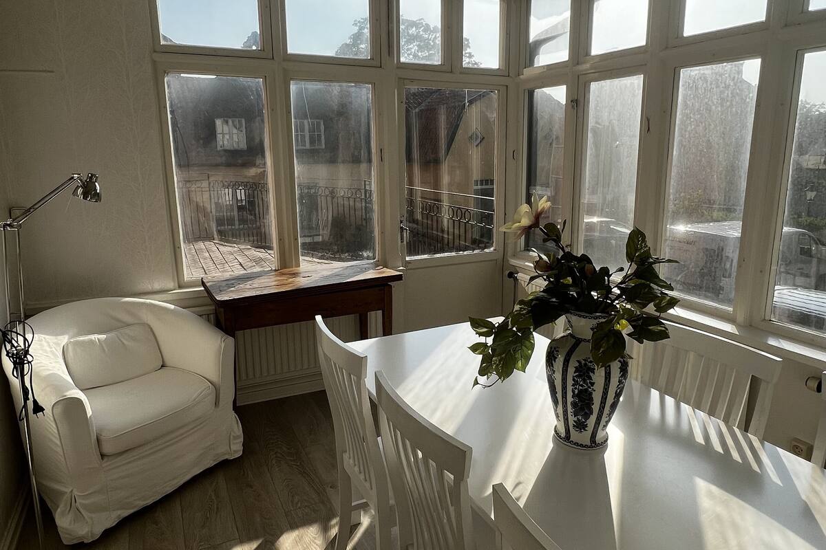 A bright, sunlit room with a white table, chairs, a white sofa, and a potted plant.