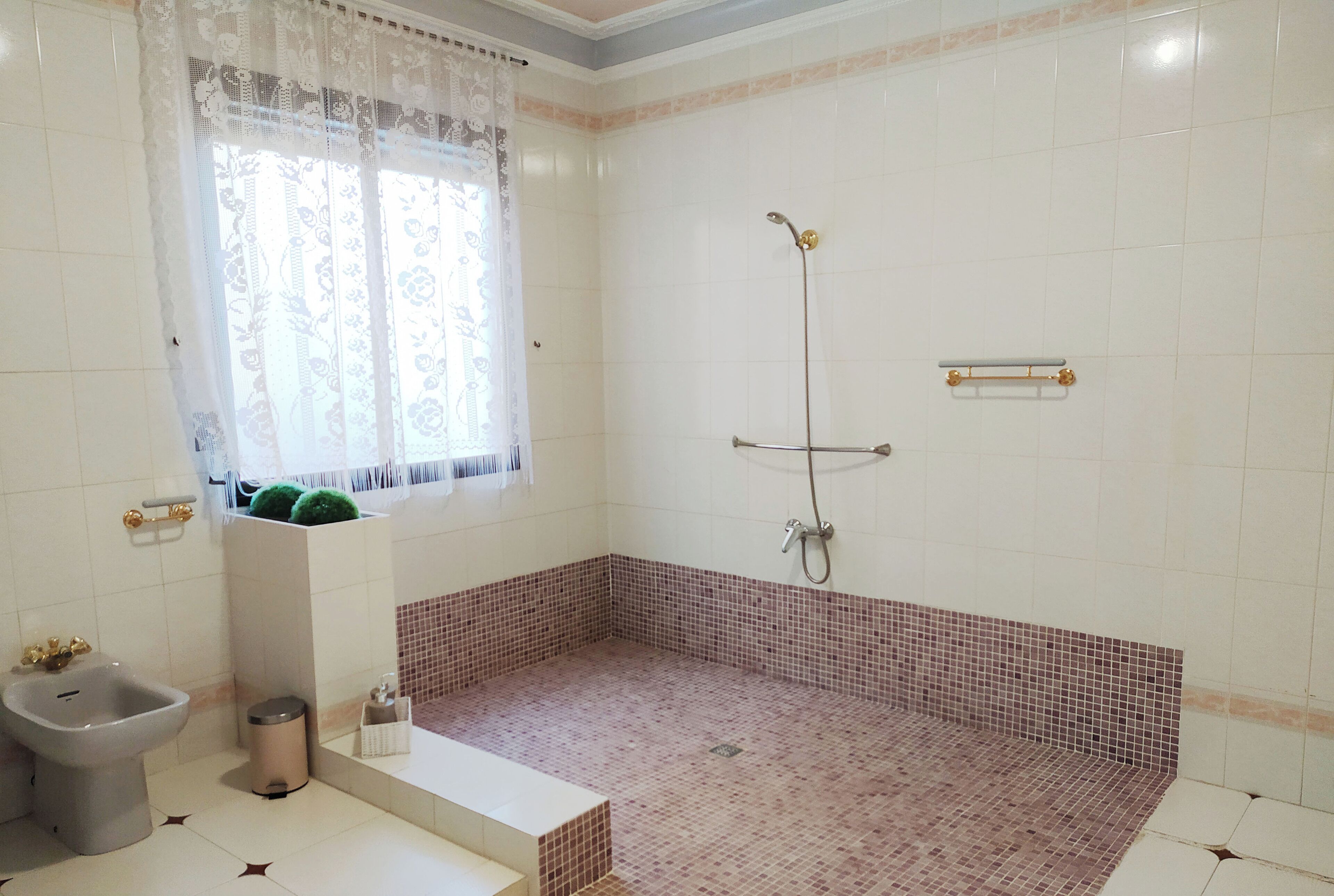 A bathroom with a shower, a bidet, and a window with a floral curtain.