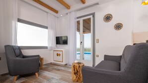 A modern living room with two grey armchairs, a wooden coffee table, a flat-screen TV, and a large window with a view of a pool.
