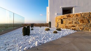 A modern building with a stone wall and white pebbles.