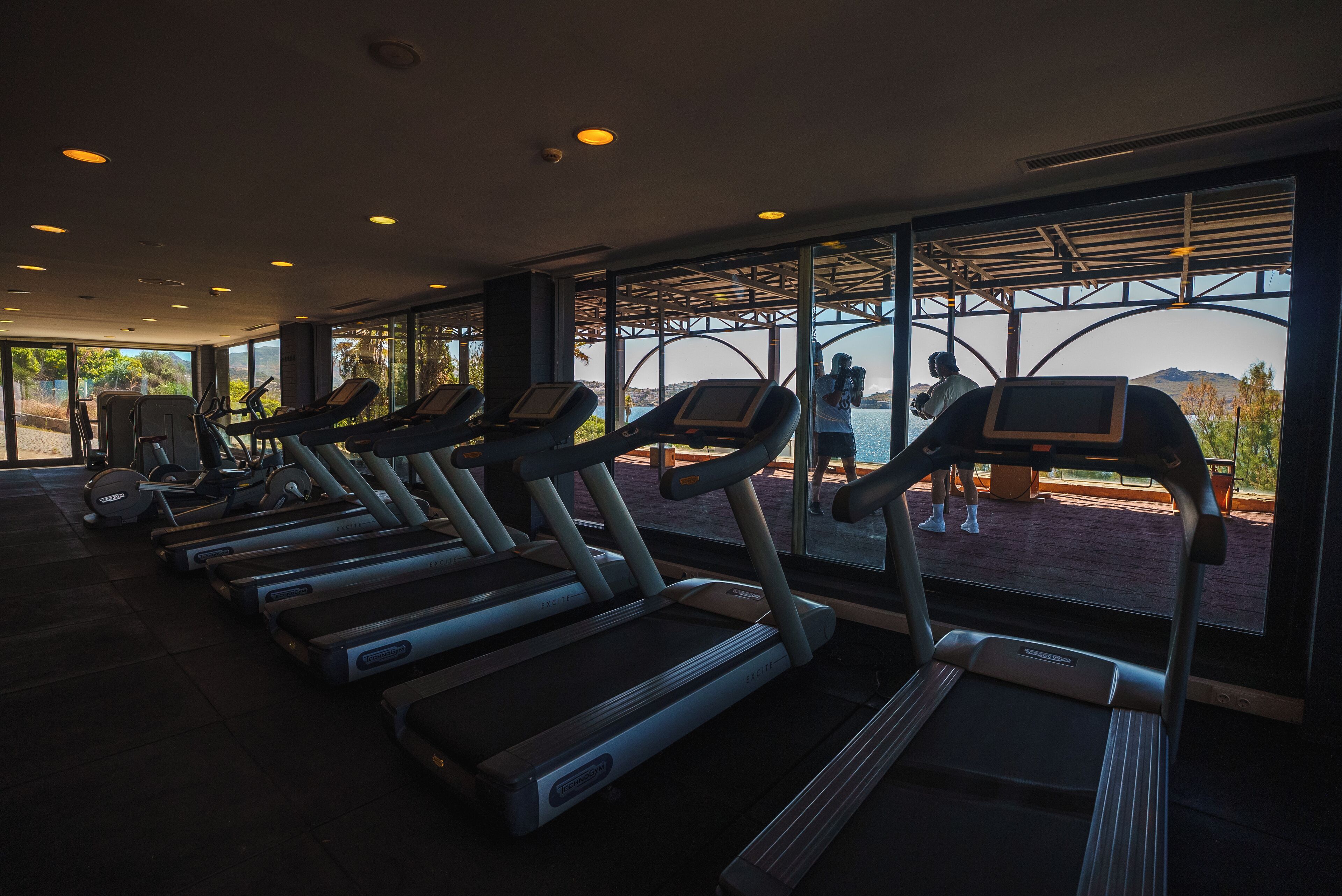 A gym with treadmills and exercise equipment, large windows, and a view of the outdoors.