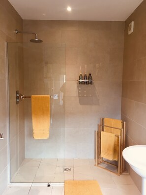 Shower, eco-friendly toiletries, hair dryer, towels