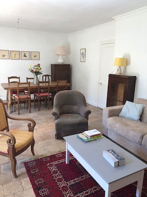Télévision, cheminée, lecteur de DVD, livres