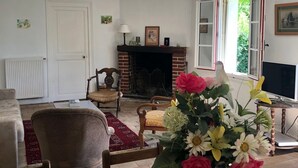 Een woonkamer met een open haard, een televisie en een bloemenvaas op een houten tafel.