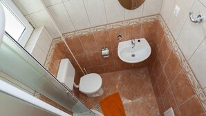 Une salle de bain avec des toilettes, un lavabo et une douche.