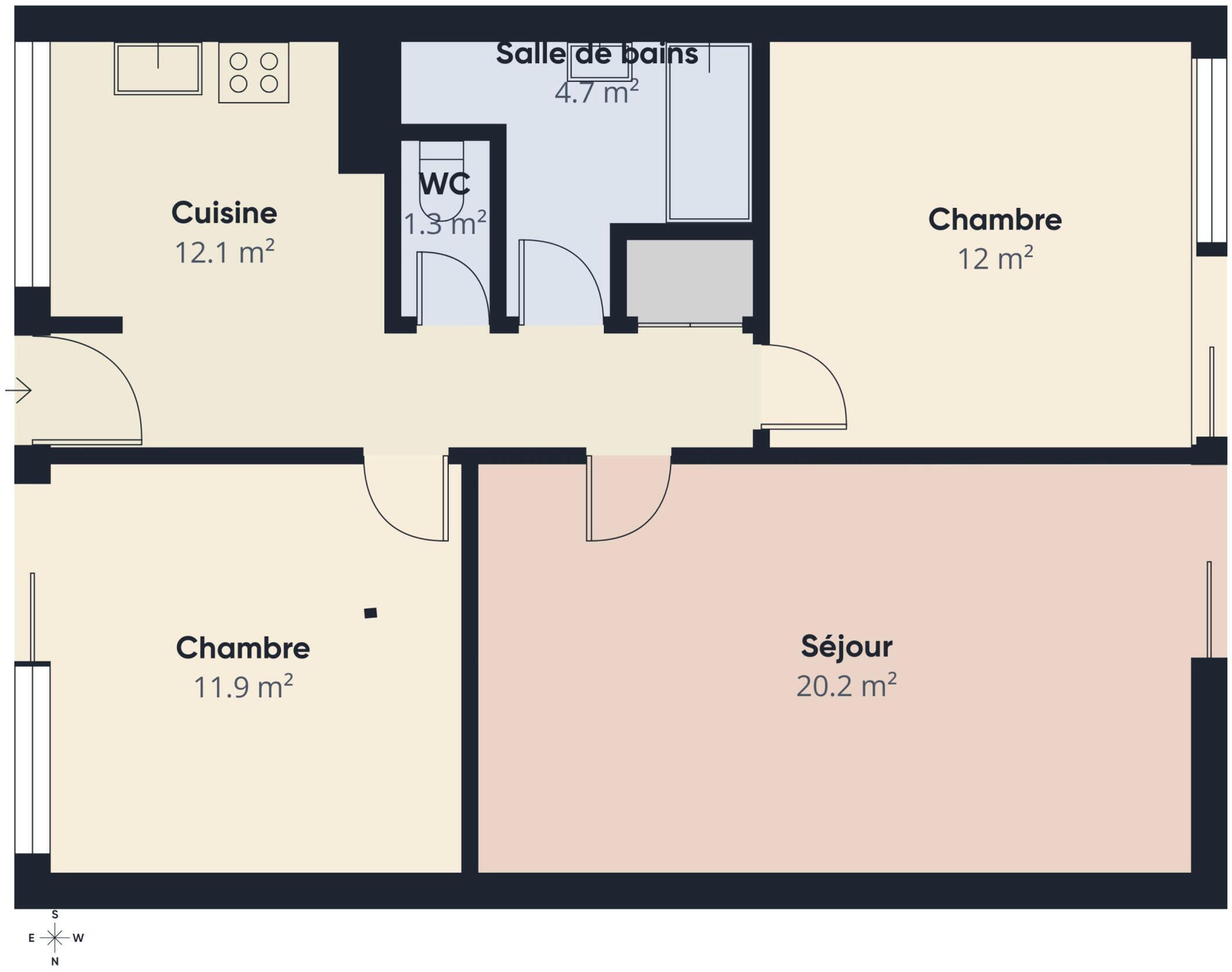 A floor plan with a kitchen (12.1 m²), two bedrooms (12 m² each), a living room (20.2 m²), a bathroom (1.3 m²), and a dining area (4.7 m²).