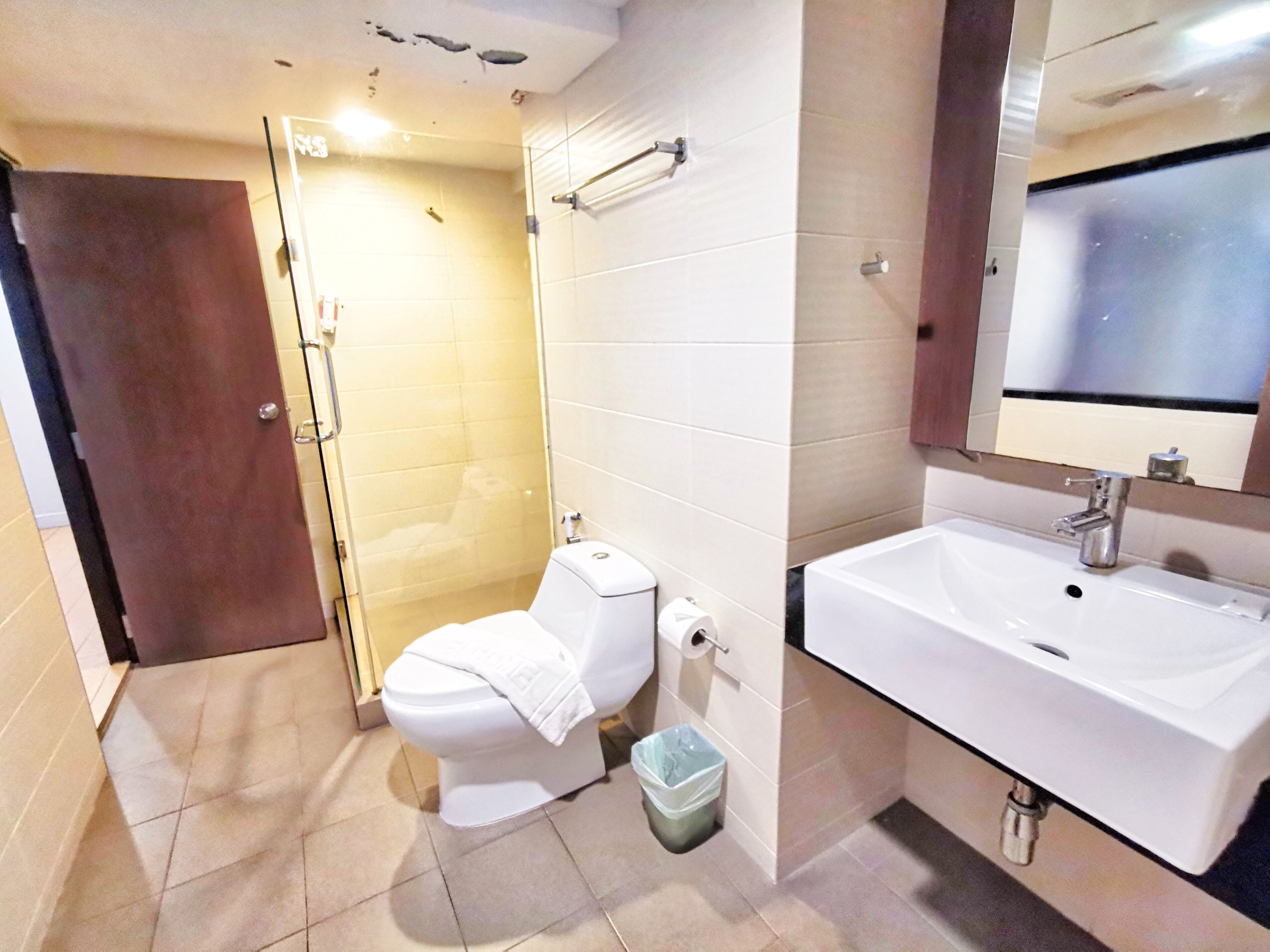 A bathroom with a toilet, shower, sink, and a mirror.