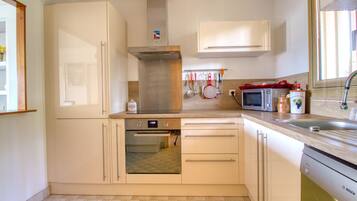Coffee/tea maker, fridge, microwave, oven