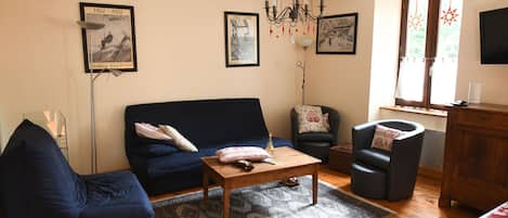 TV, DVD player, books, music library