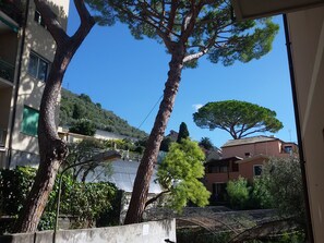 A residential area with a large tree, a metal fence, and houses in the background. - Casa Anna (Bogliasco)
