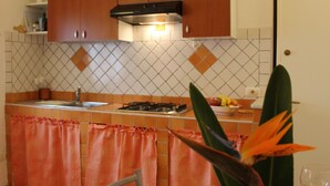 Una cocina con salpicadero de azulejos, estufa y pileta.