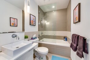 Hair dryer, towels, soap, shampoo