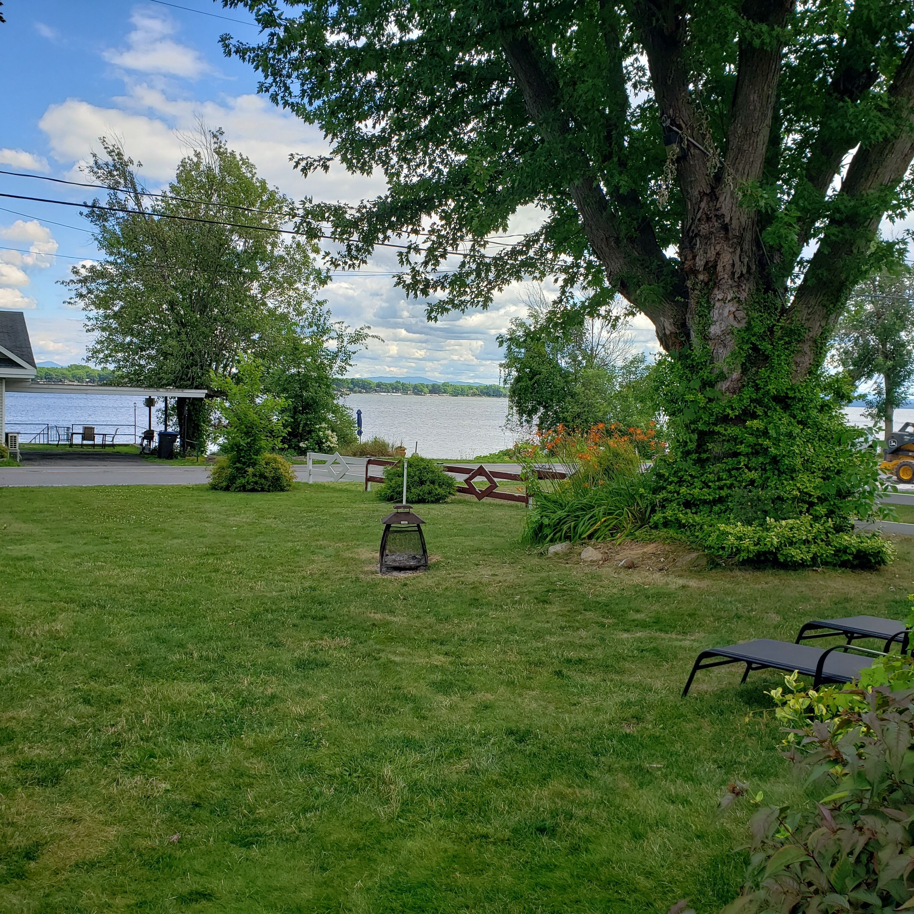 A grassy yard with a large tree, a swing set, and a view of a lake.