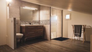 Combined shower/tub, hair dryer, toilet paper