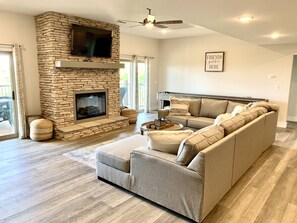 Smart TV, fireplace, video games, DVD player