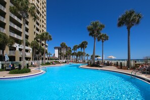 A rooftop pool, a heated pool
