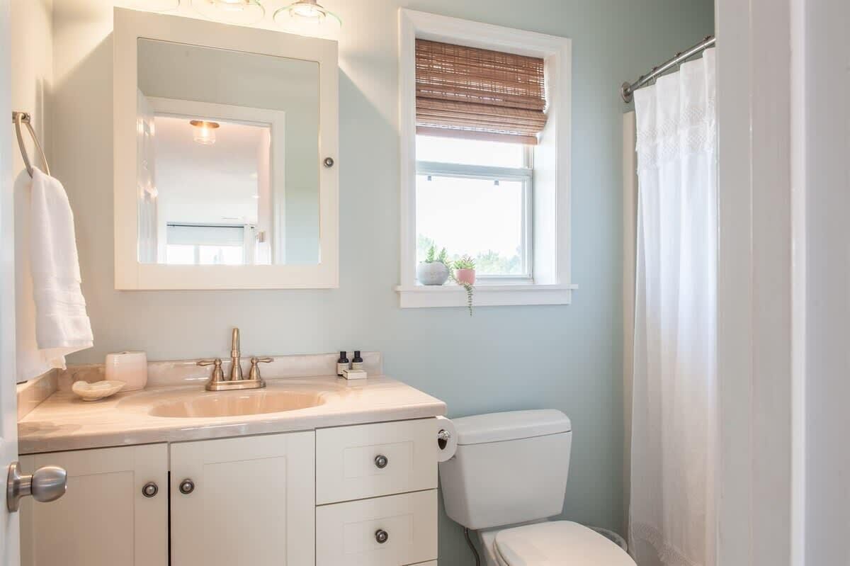 A bathroom with a white sink, a mirror, a toilet, and a window with a view of greenery.
