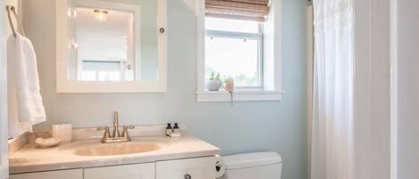 A bathroom with a white sink, a mirror, a toilet, and a window with a view of greenery.