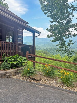 A wooden cabin with a porch, surrounded by lush greenery and a mountainous backdrop.