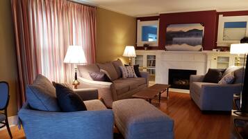 Smart TV, fireplace, books