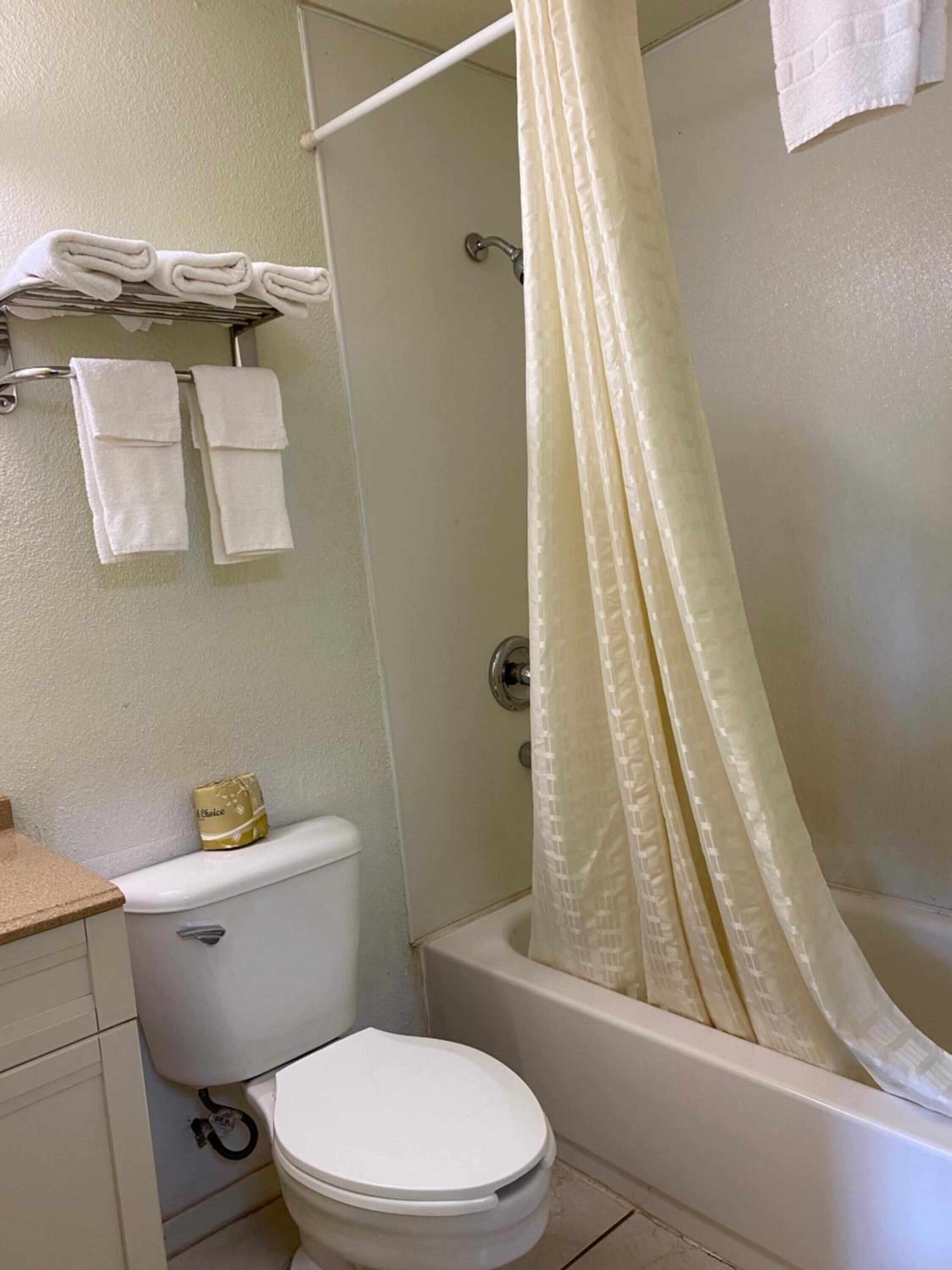 Combined shower/bathtub, towels