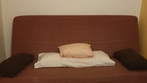 Un sofá marrón con dos almohadones, uno blanco y otro estampado, frente a una pared blanca.