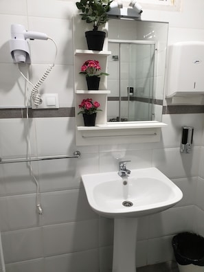 A bathroom with a white sink, a mirror, a hairdryer, and two potted plants. - Hostal Plaza Luna (Madrid)