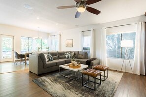 TV, fireplace, books, offices