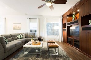 TV, fireplace, books, offices