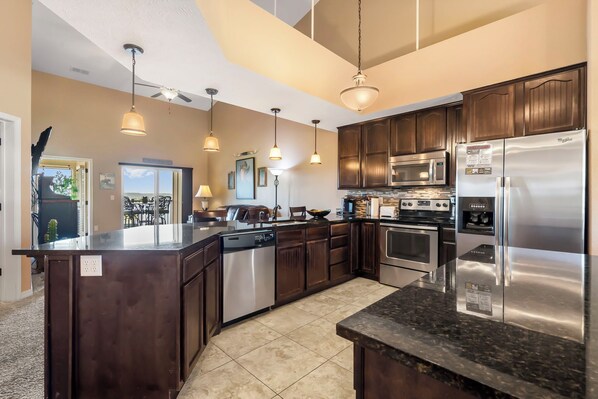 Fridge, microwave, oven, stovetop