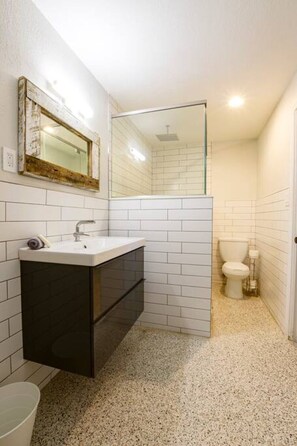 Combined shower/tub, hair dryer