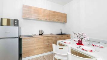 Fridge, microwave, stovetop, electric kettle