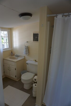 Tina con regadera, secadora de cabello, toallas, jabón 