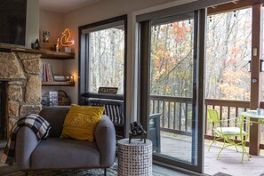 Smart TV, chimenea, libros y biblioteca musical 