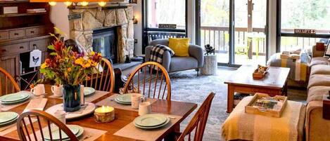 TV connectée, cheminée, livres, médiathèque